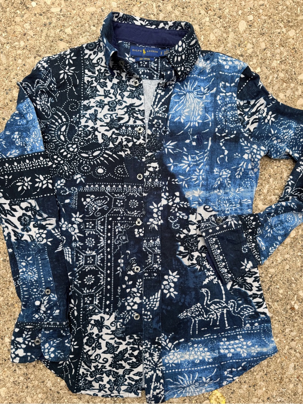 Ralph Lauren Small Indigo Bandana Patchwork Knit Oxford Shirt Western Boho